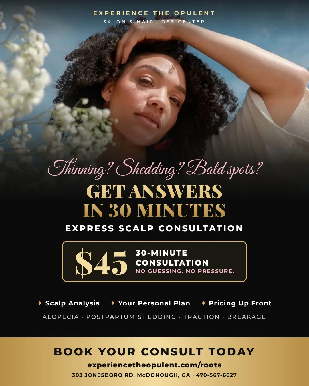 $45 Express Scalp Consultation flyer: get answers in 30 minutes