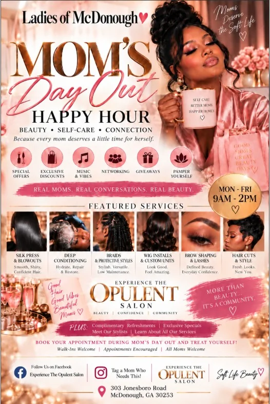 Mom’s Day Out Happy Hour flyer: Monday to Friday 9am to 2pm