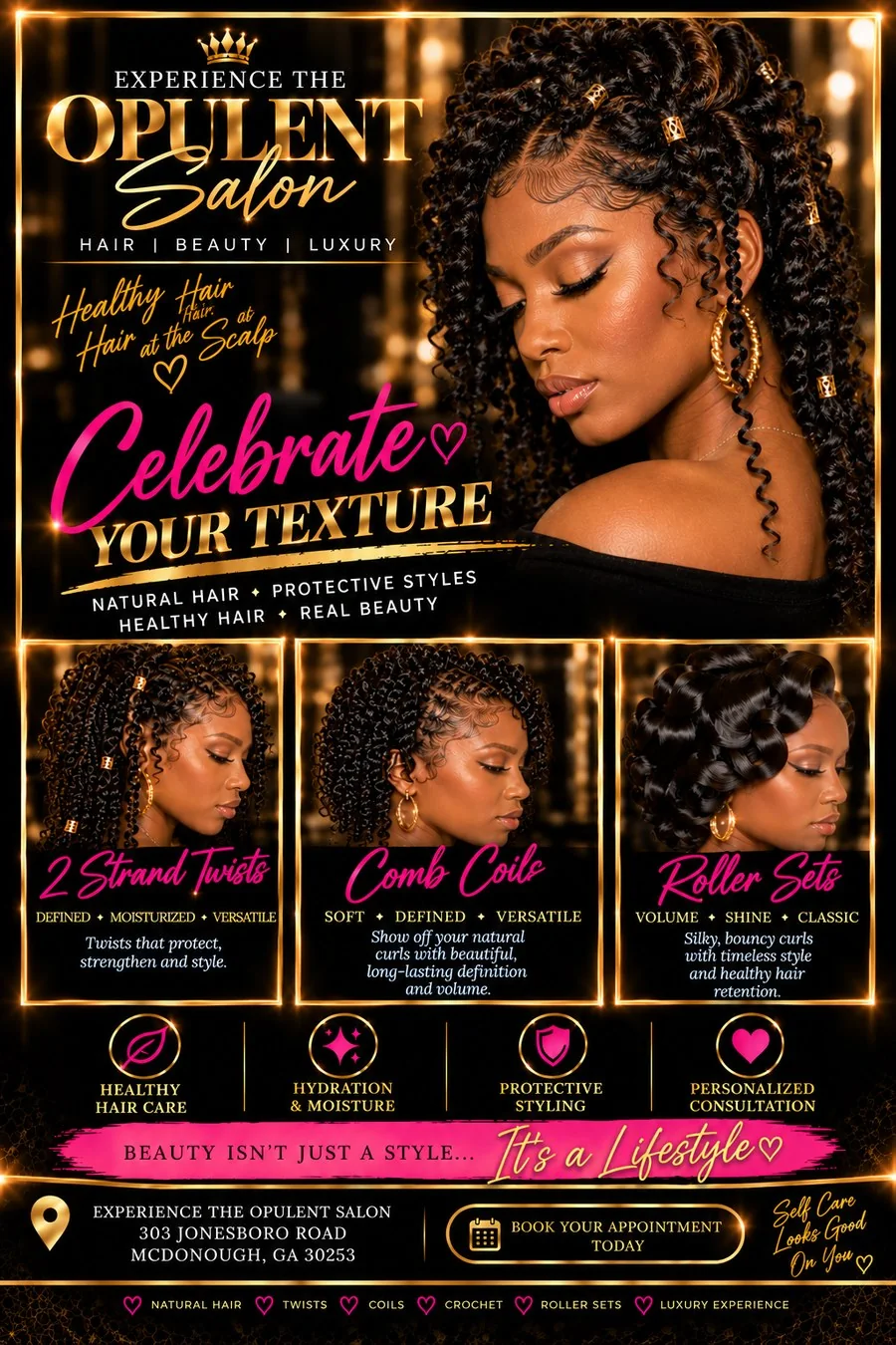 Celebrate Your Texture flyer: two-strand twists, comb coils and roller sets